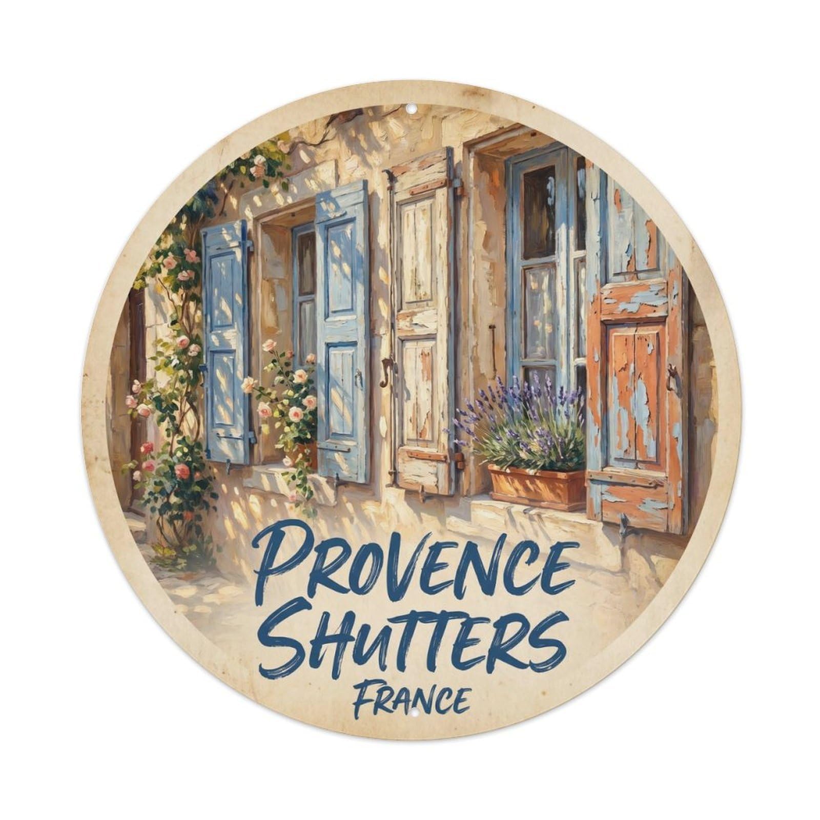 Vintage Travel Shutters France Provence Metal Tin Sign Plaque Wall Decor for Cafe, Club, Garden Round Metal Poster 8x8Inch