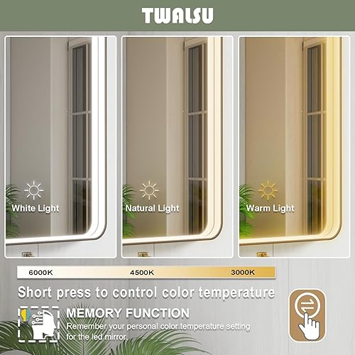 Miniatura 5 de Espejo LED de baño de 24 x 32 pulgadas con luces, espejo LED con marco de metal negro para baño, 3 colores y espejo de tocador iluminado para