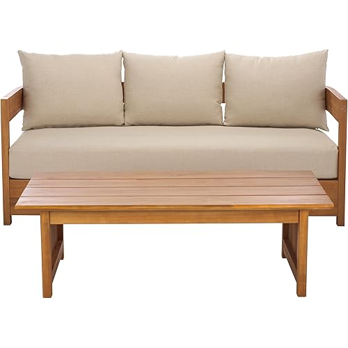 SAFAVIEH Outdoor Patio Furniture Collection - Kento Natural Wood 3-Seater Sofa with Taupe Cushions, Wide & Comfortable Deep Seating, Modern Design (PAT7098A)