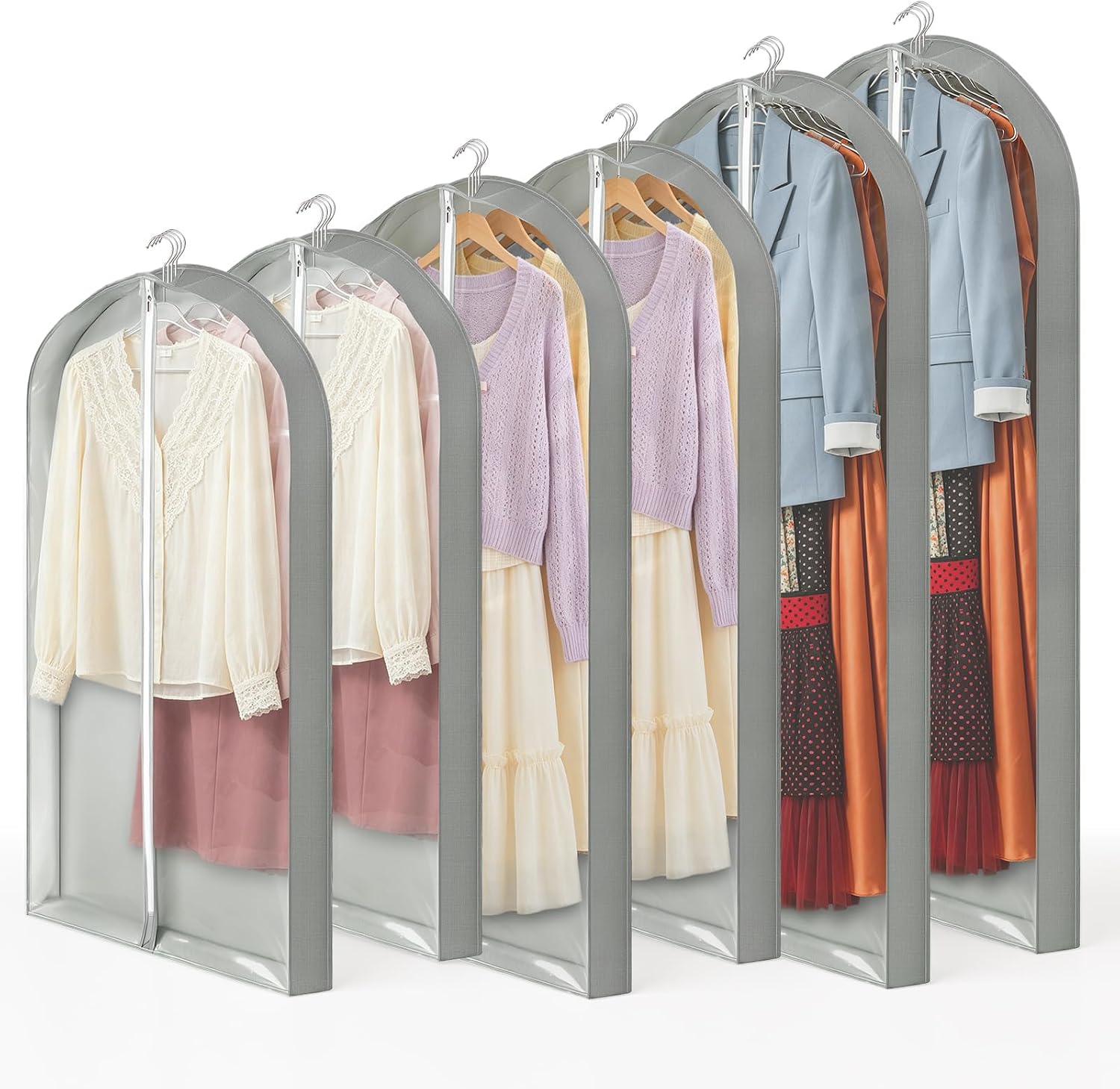 6 Pcs 40" & 50" & 60" Garment Bags for Hanging Clothes and Storage, Clear Breathable Dust Cover for Closet Storage, with 4" Gussets for Suits Coats, Shirts, Dresses and Padded Clothes