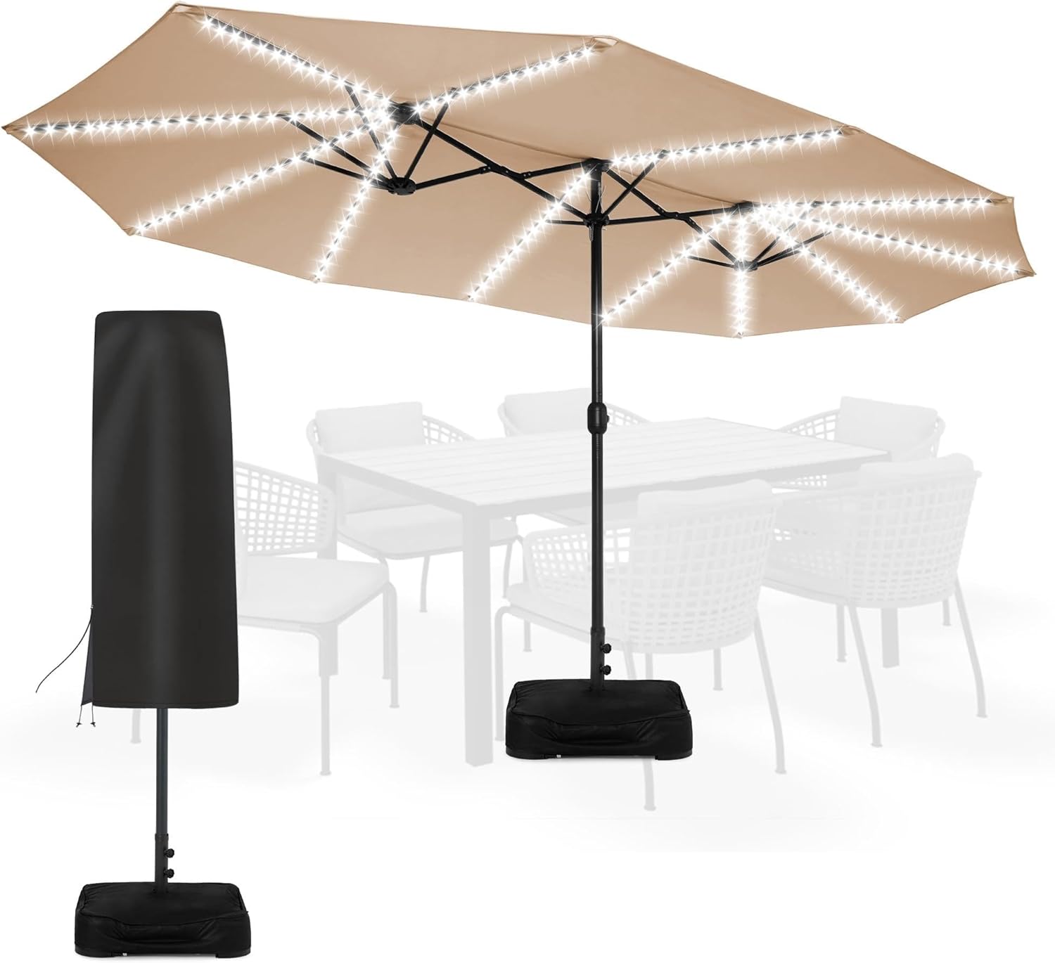 Sundale Outdoor Solar 15 ft 144 LED Olefin 5-Year-Non-Fading Patio Umbrella with Sandbag Base Included and Cover, Outdoor Double-Sided Umbrella with Lights