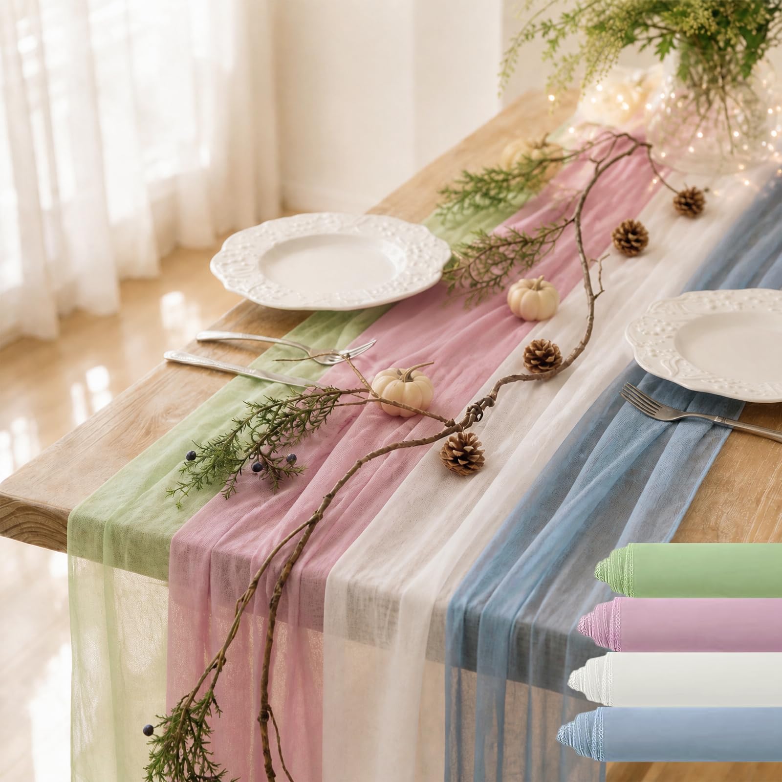 KAKALATLJ 4 Pack Sage Green Table Runner, Chiffon Dining Table Runners for Wedding Bridal Baby Shower Party Christmas Thanksgiving Decorations 12x120 Inch (Sage Green,Pink,Blue,White)
