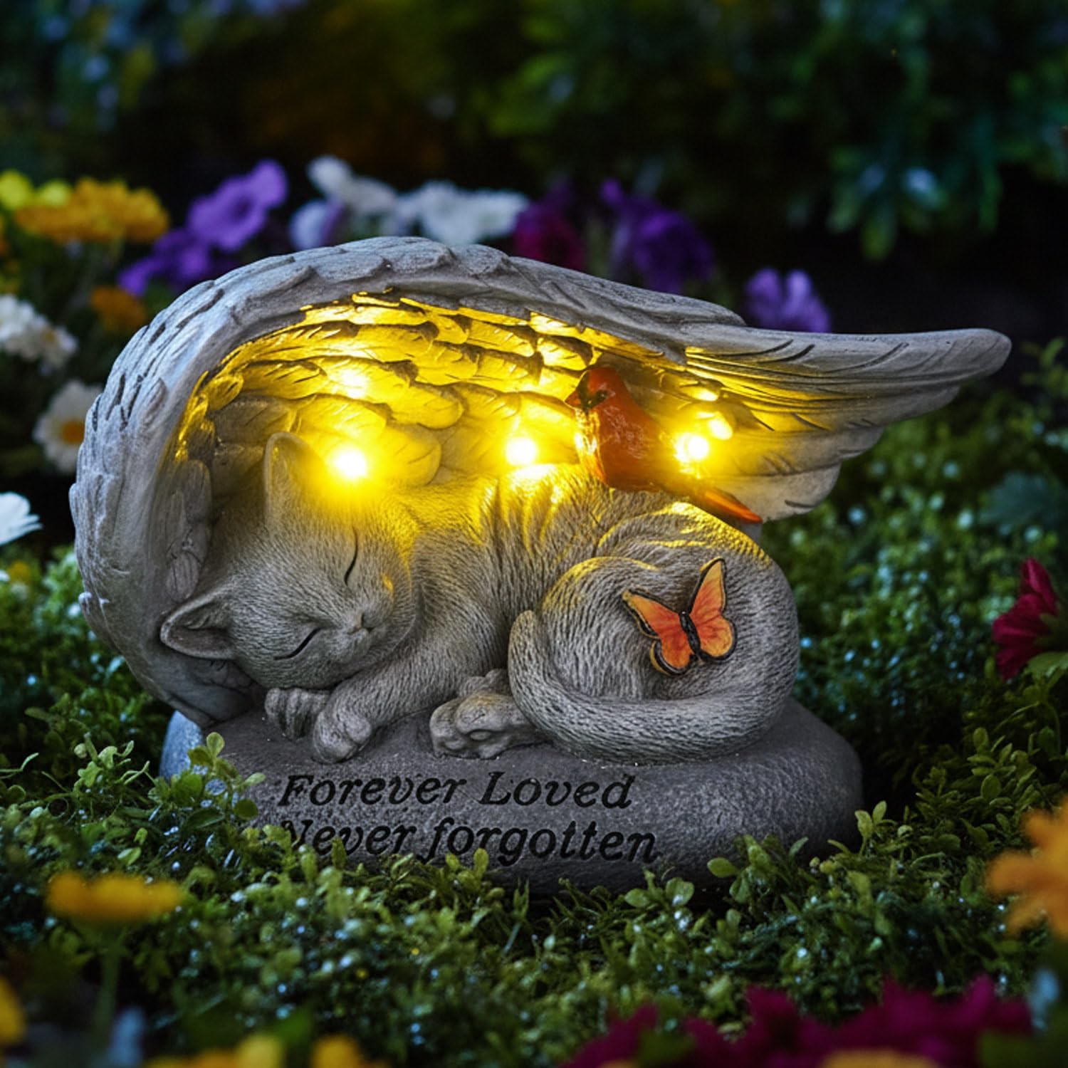 Cat Memorial Stones with Solar Angel Wing Cardinal Butterfly 8 Inch, Sleeping Cat Grave Markers Outdoor Waterproof Pet Loss Sympathy Gift for Garden or Tombstone Statue