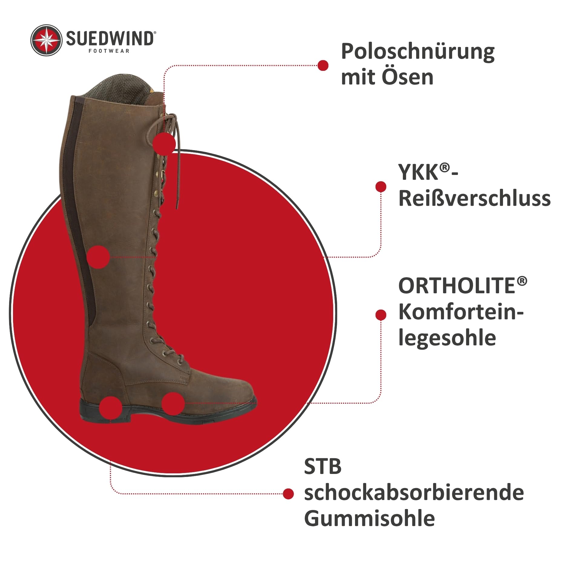 SUEDWIND FOOTWEAR Leder Reitstiefel für Damen Longford All Year Waterproof – Stiefel zum Reiten – Polo-Schnürung, Reißverschluss & Ortholite-Innensohle – schwarz o. braun – Gr. 36-43