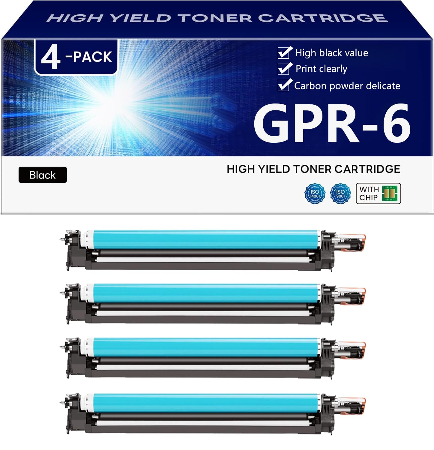 GPR-6 Unità Tamburo con Chip per CANON IR2200 2250 2800 2850 3300 3320 3350 3300i 3320i Stampanti, Installazione Semplice 60000 Pagine,Black-4 pack