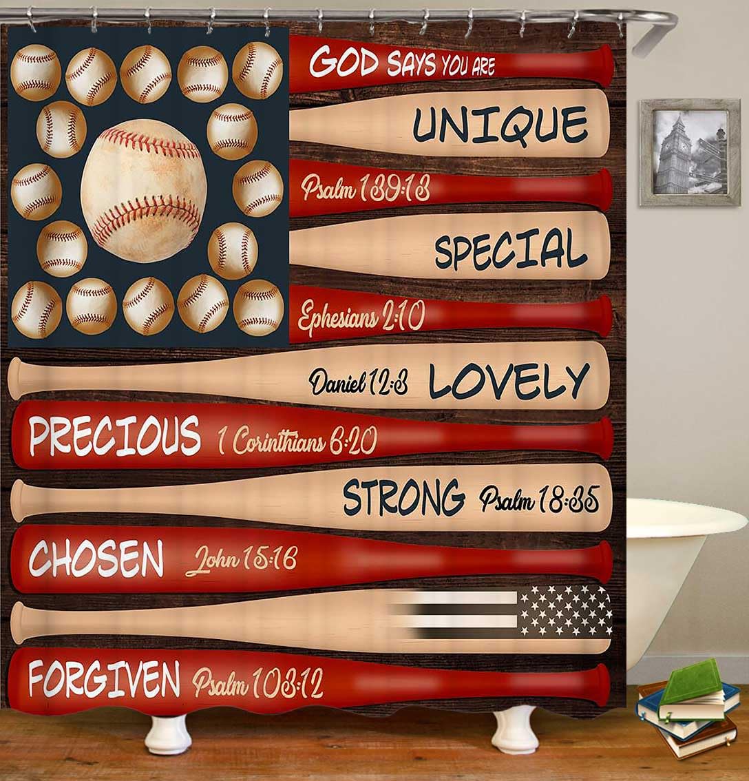 Jayden Madge - Juego de 4 cortinas de ducha de tela de béisbol con texto en inglés "Bíblia" (texto)