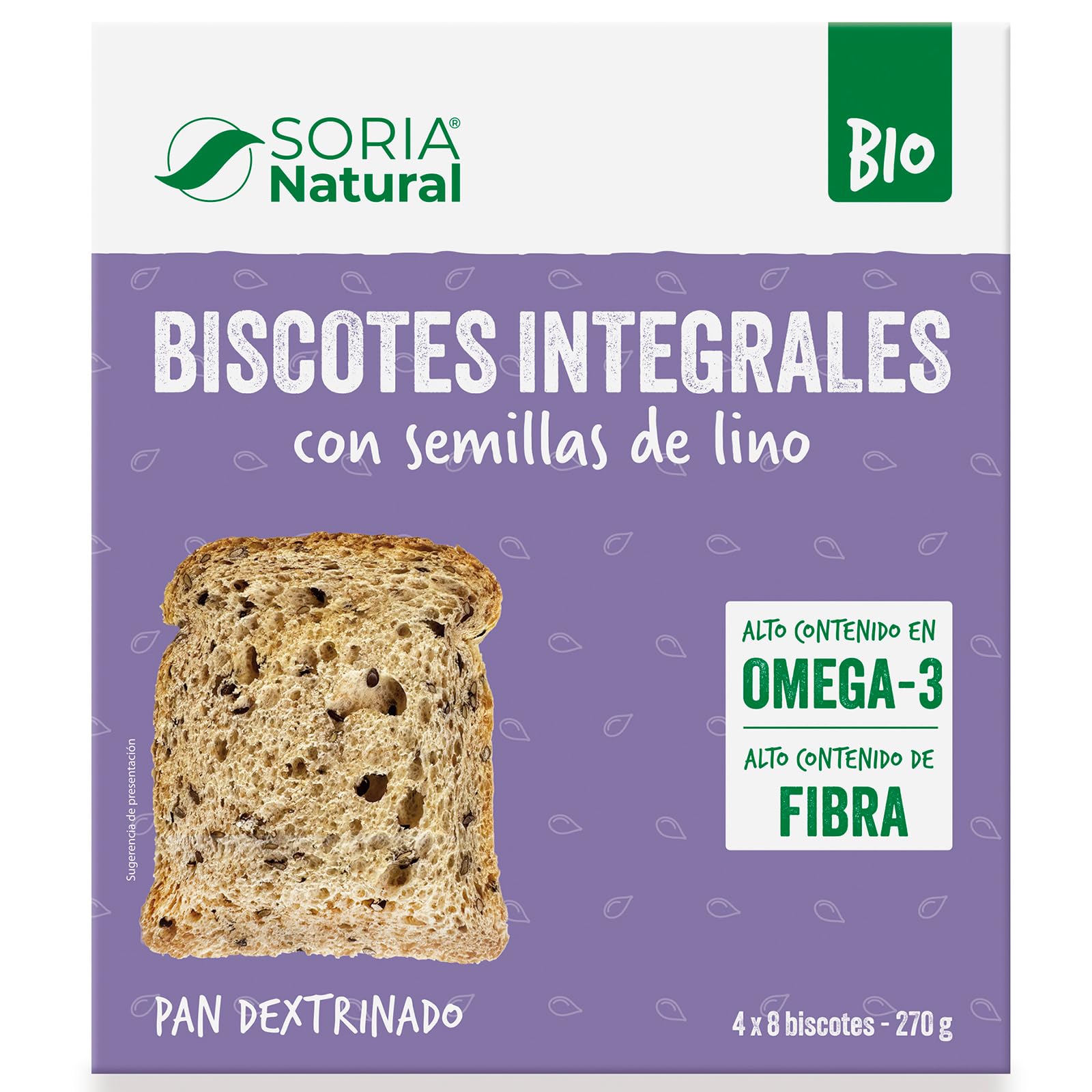 Biscotes Integrales con Semillas de Lino - Pan Dextrinado con Aceite de Oliva Virgen Extra - Rico en Fibra y Acidos Grasos Omega-3 Sin Azucares Anadidos - 4 Paquetes 270 g - Soria Natural