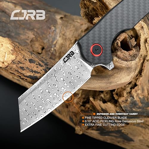 Miniatura 4 de CJRB CUTLERY Cuchillo plegable Crag (J1904) Rose Damasco Hoja de acero Mango de fibra de carbono Cuchillo de bolsillo EDC
