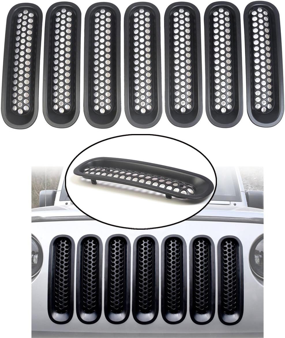 [Upgrade Clip in Version] 7 Pcs Front Mesh Grille Front Grill Inserts Kit Compatible for Jeep Wrangler Rubicon Sahara JK 2007-2017 (Black, without key hole)