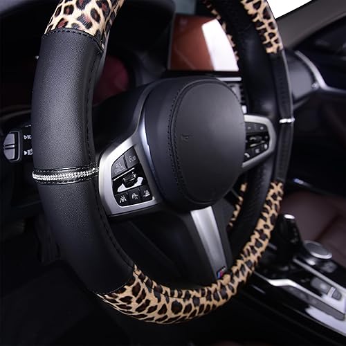 Miniatura 7 de AUTOYOUTH Funda de cuero de leopardo para volante para mujeres y niñas con diamantes de imitación brillantes antideslizantes, lindo protector