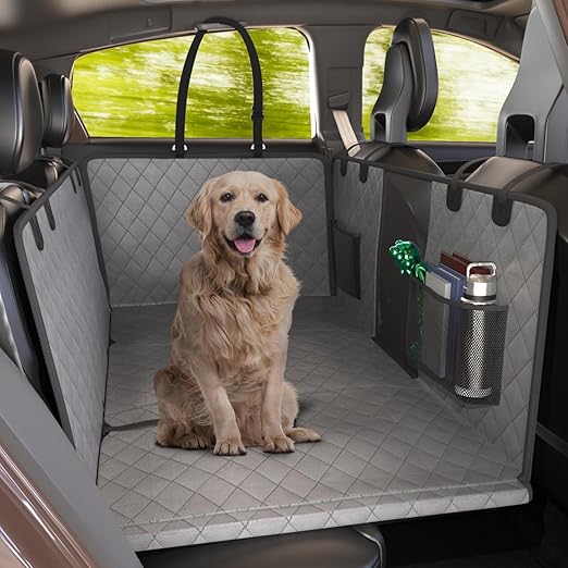Katziela Large Seat Guard Waterproof Back Seat Extended Cover with Mesh Window Storage Pockets Double Layer Foam Mattress Dog Comfort Hammock Style Scratch Proof Nonslip Fits Car Trucks SUVs (Gray)