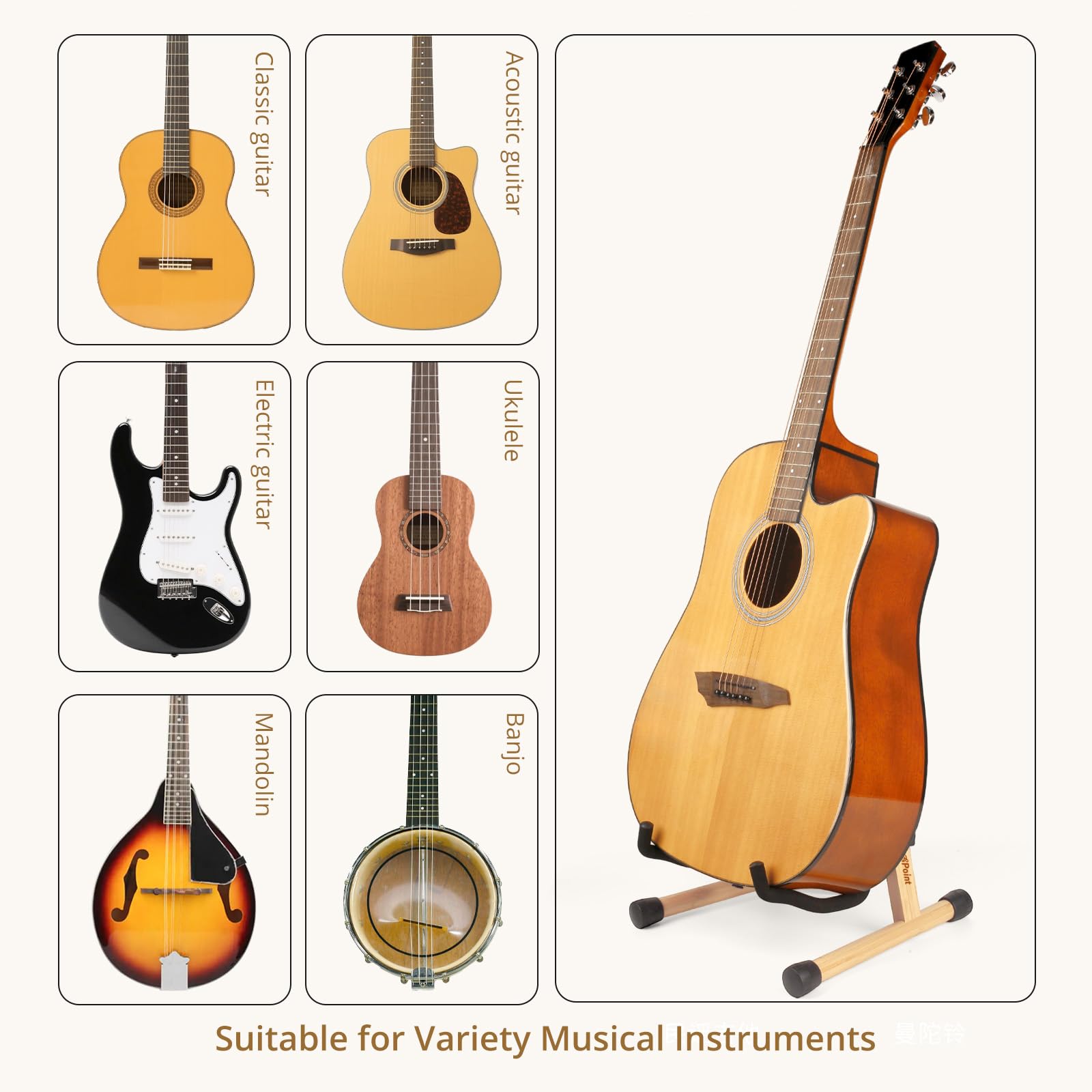 KingPoint Gitarrenständer aus Holz, Gitarrenbodenständer, akustische elektrische Holzrahmen, klappbarer Gitarrenhalter, verstellbar, für Bass, Mandoline, Banjo, Ukulele (Bambus)