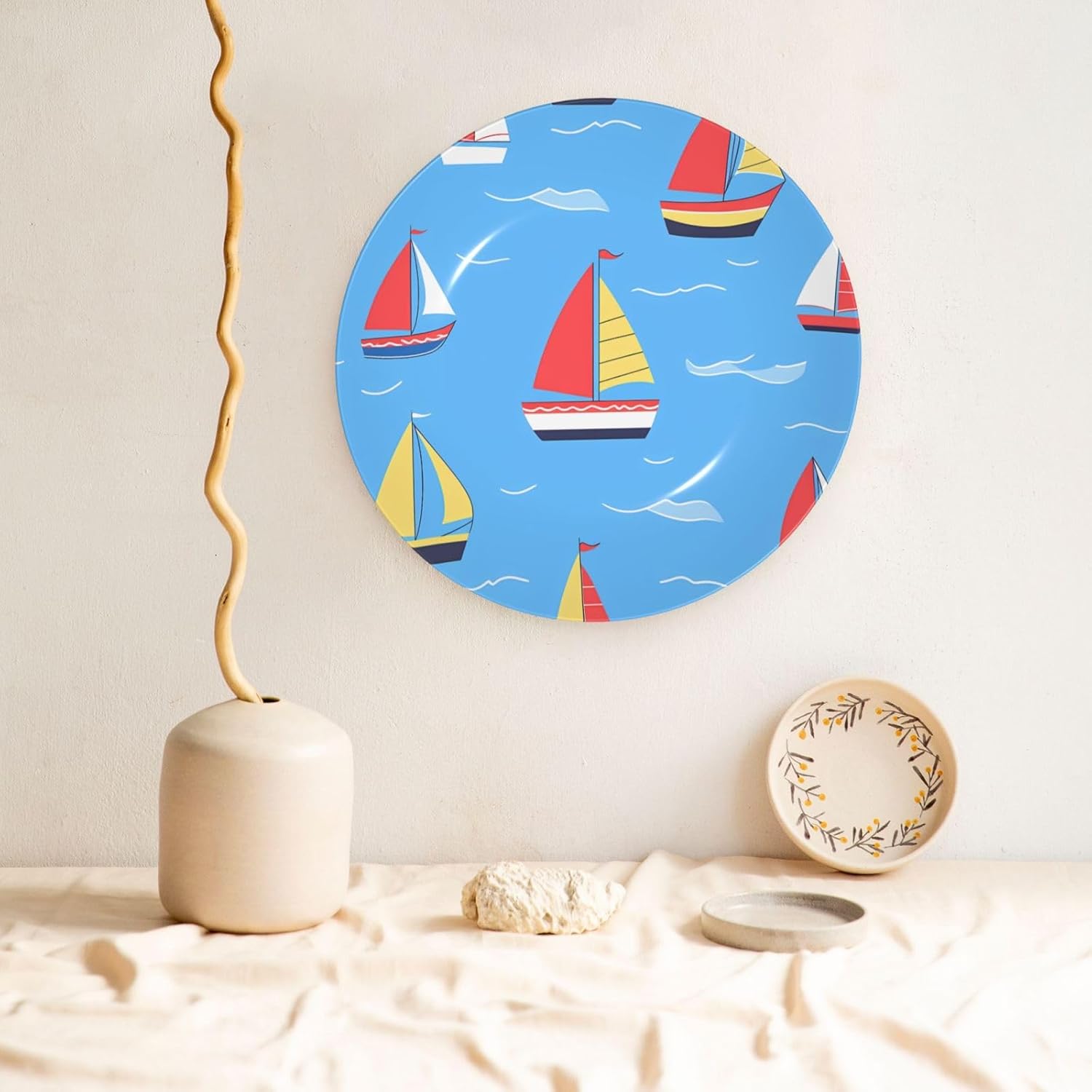 Watercolor Sailboat Style Ceramic Plate Display Home Display With Stand Wall Hanging Plate For Home Decor 10 Inch