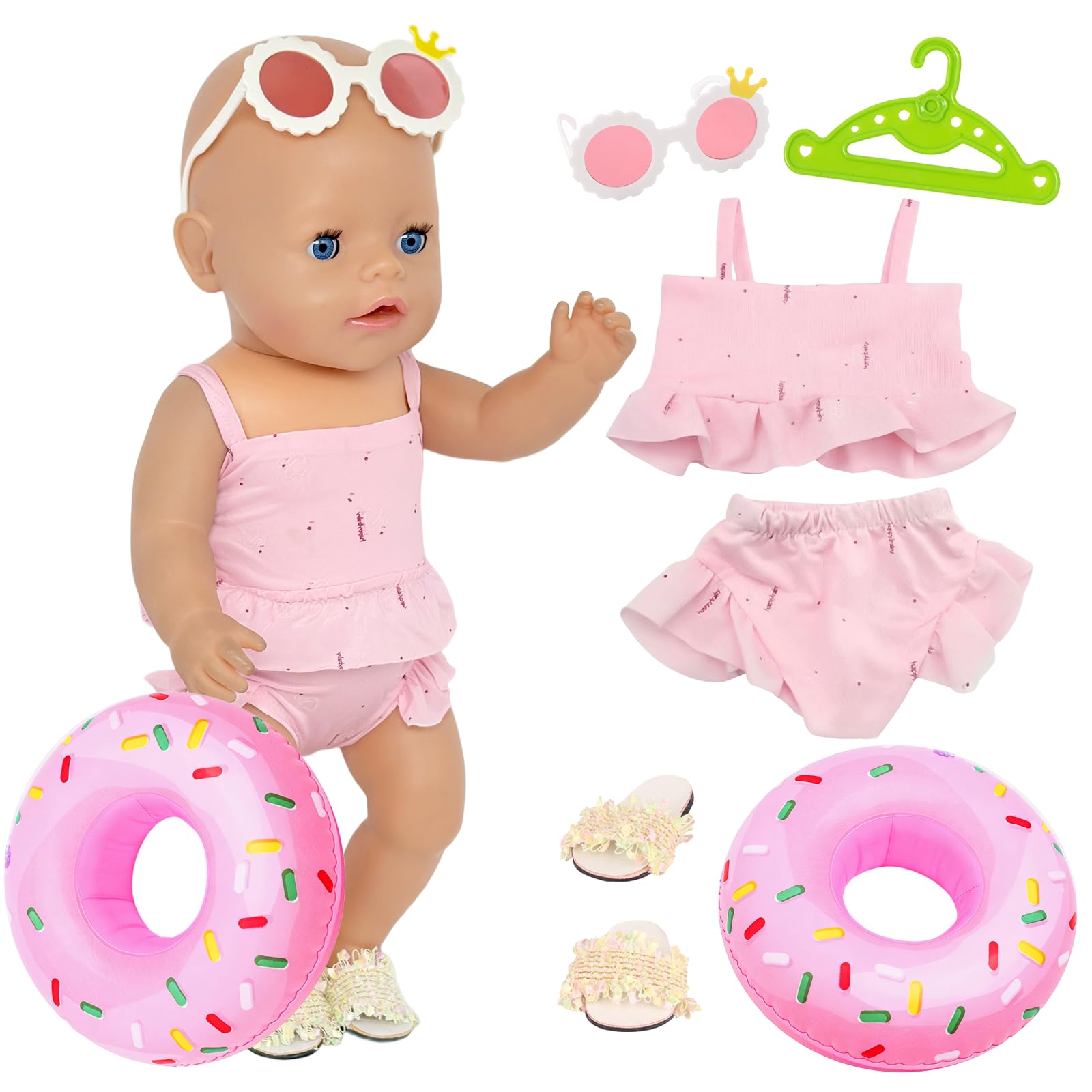5 Pcs Swimming Baby Doll Clothes Set, 30-45cm Doll Pink Swimsuit Outfit with Baby Swimming Ring, Sunglasses, Hanger & Shoes, Baby Doll Accessories for 14-18 Inch Dolls Birthday Gift for Girls