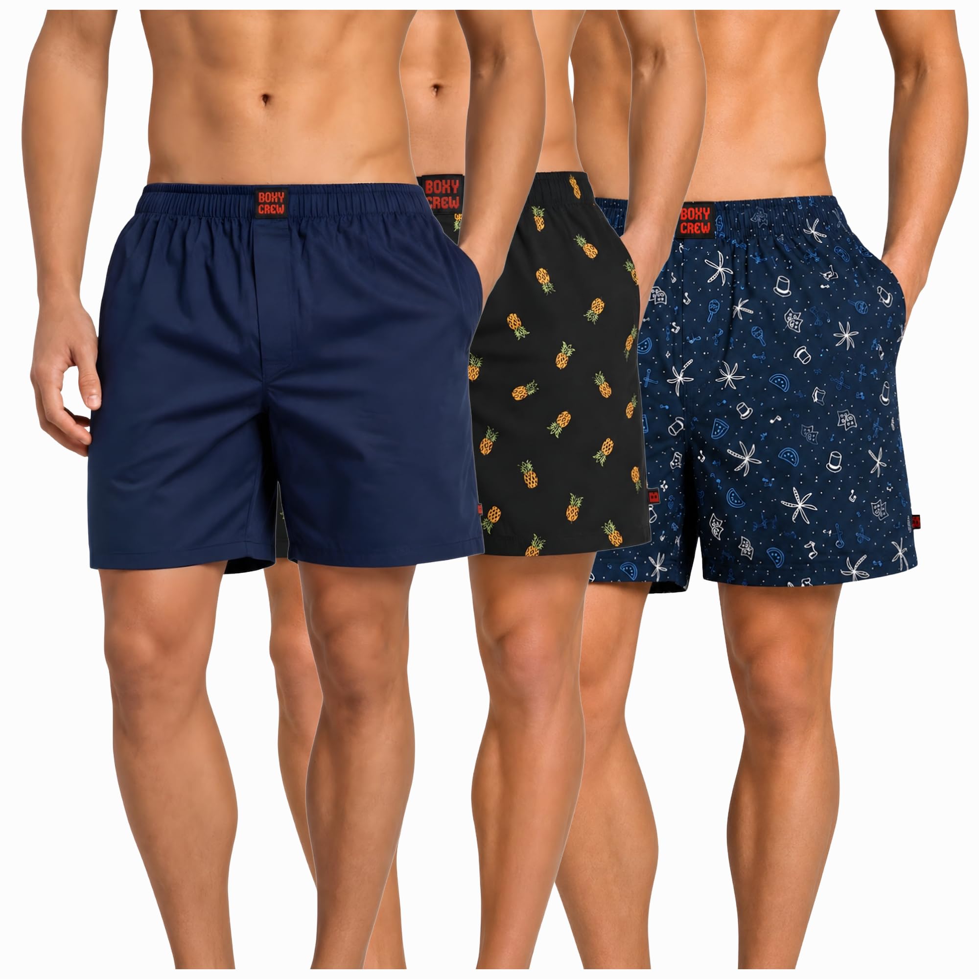 Men's 100% Cotton Boxer Shorts Pack of 3, Navy Blue, Charcoal & Navy Blue | Woven Boxers with Side Pockets, No-Marks Elastic Waistband, Breathable Relaxed Fit | Style 002-004-007-image-42