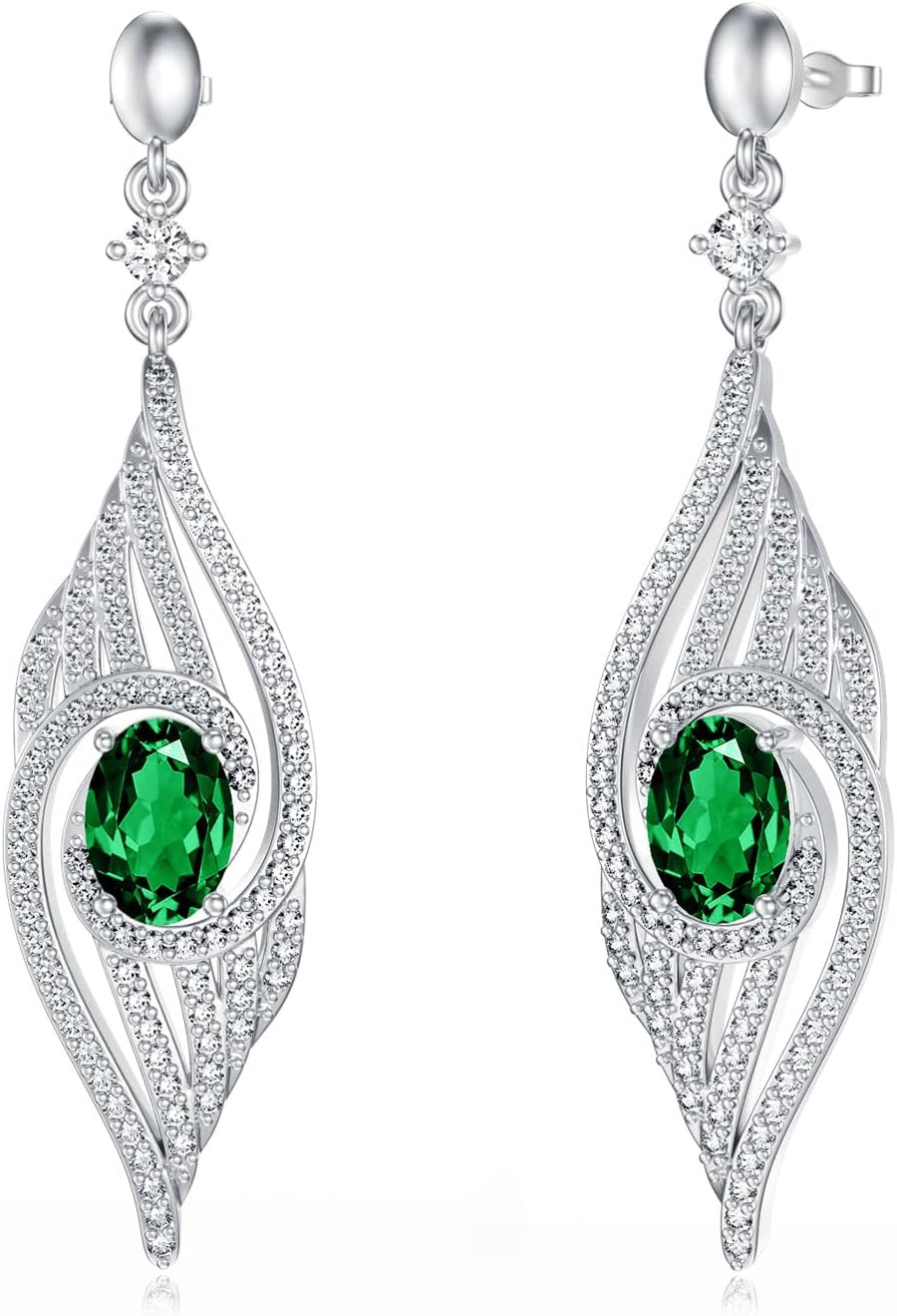 Vintage Emerald Earrings 925 Sterling Silver Lab Created Emerald Drop Earrings for Women