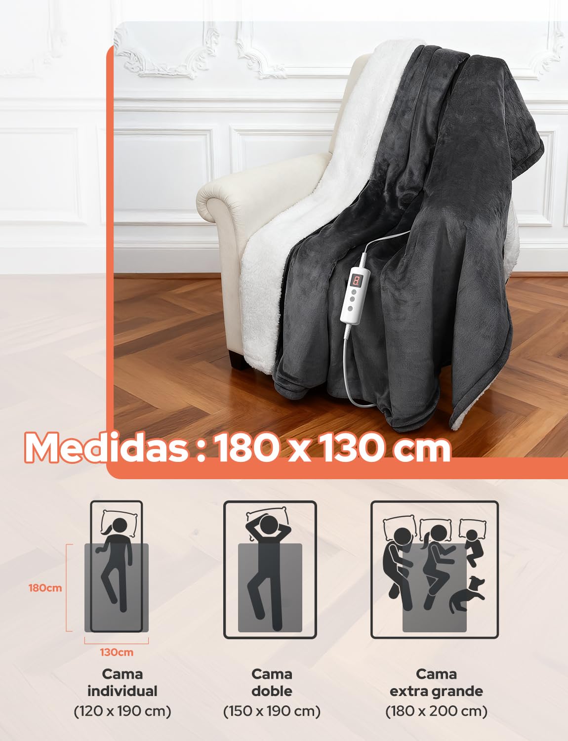 Manta Eléctrica 180x130cm Manta Calefactable 10 Temperaturas 9 Horas Configuraciones de Temporizador Calentamiento Rápido Lavable a Máquina Apagado Automático para Hogar Oficina Gris Oscuro