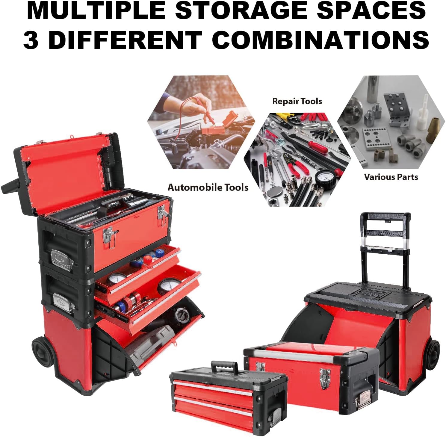 Stackable Rolling Tool Box Portable Metal Toolbox Organizer with Wheels and 2 Drawers Separate Rolling Upright Trolley Tool Chest for Garage or Workshop, Red