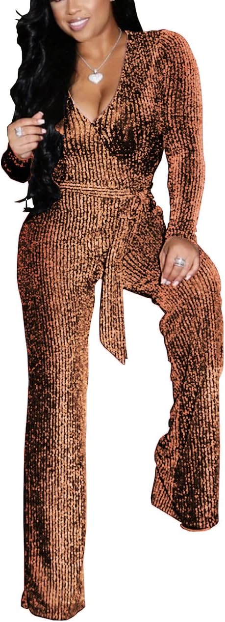 LightlyKiss Women Casual Sexy V Neck Sparkly Jumpsuits Long Sleeve Onesie Loose Pants Party Clubwear with Belt - Image 3