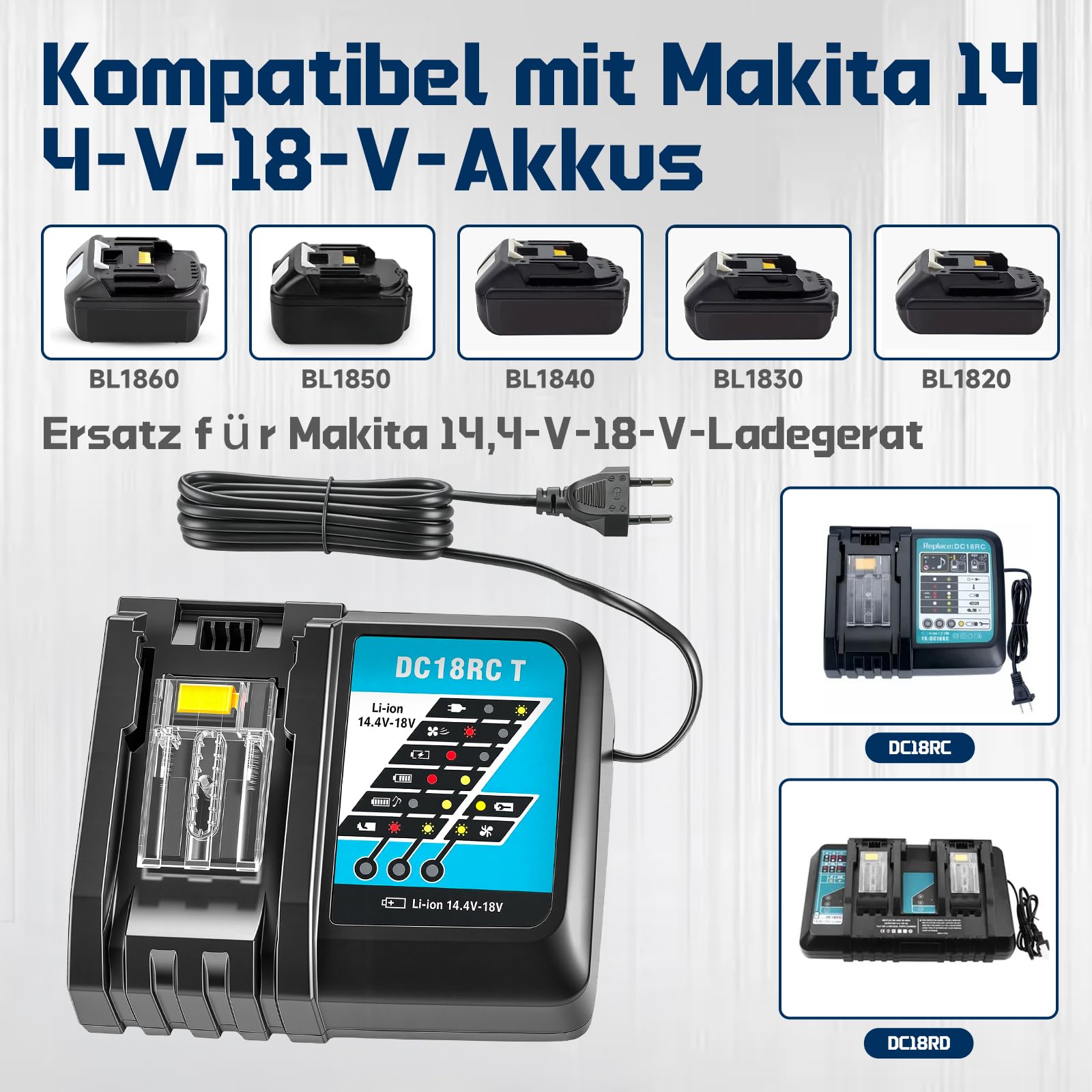 2 batterie di ricambio da 18 V, 5500 mAh, 18 V, con caricatore DC18RC, compatibile con BL1860 BL1860B BL1855 BL1855B BL1850 BL1850B BL1860B DC18RC