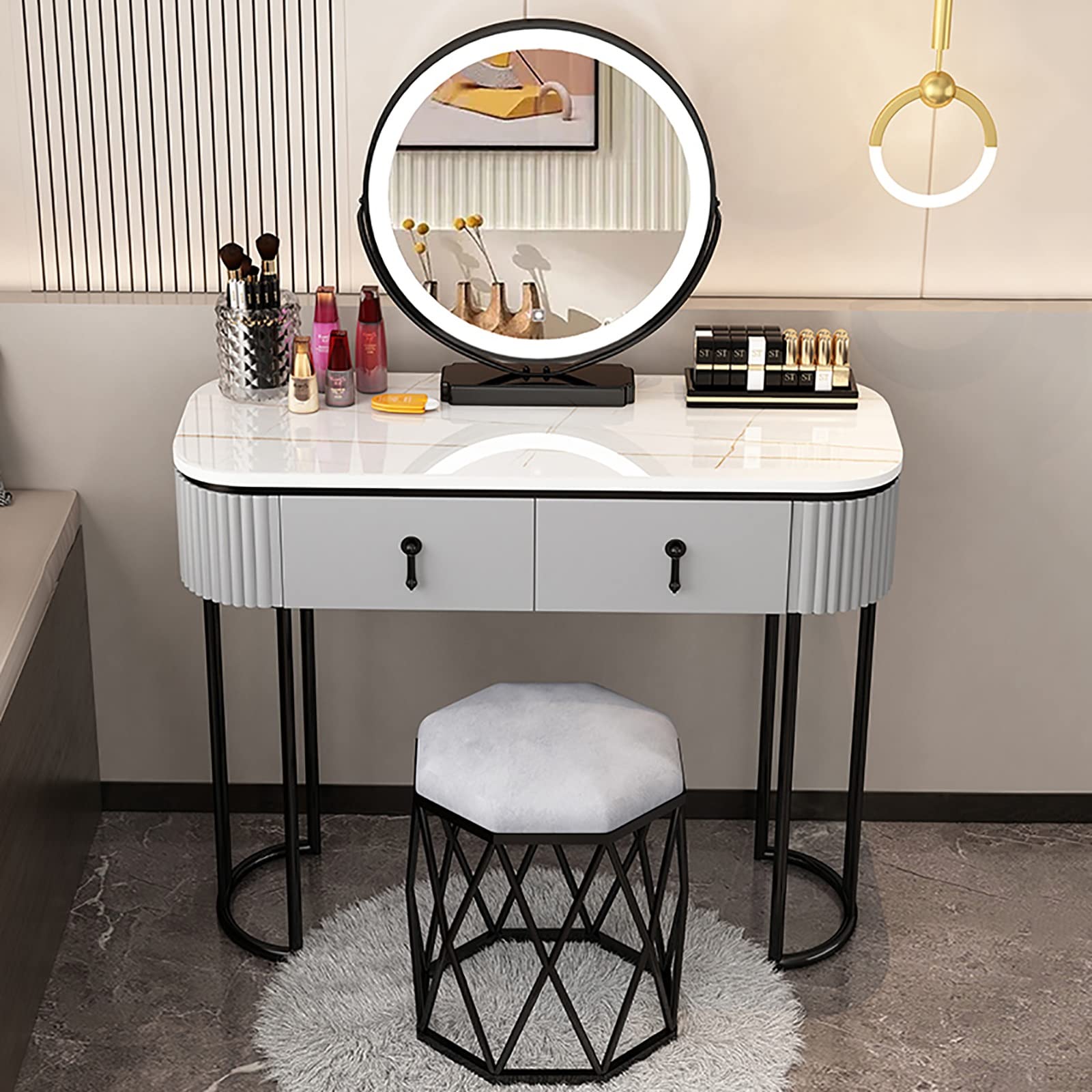 asdchZen Lighted Vanity Desk With Adjustable Brightness-Luxury Makeup Table With 3 Color Modes 2 Drawers 80Cm For Elegant Makeup Experience,C-100cm