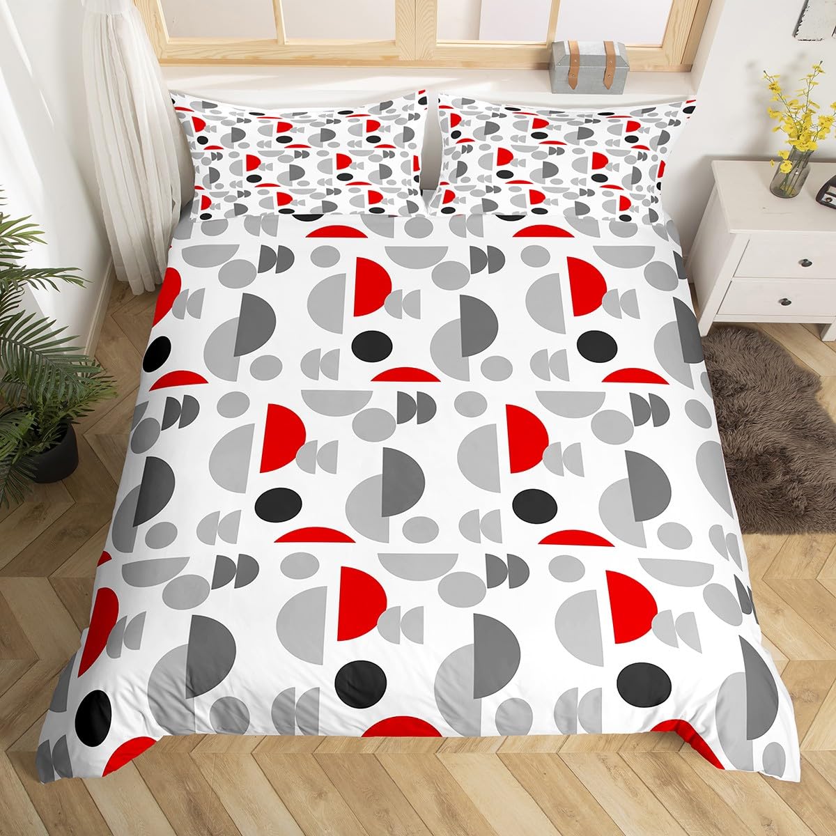 Loussiesd Modern Geometric Pattern Duvet Cover Single Round Half Round Printed Bedding Abstract Art Bedding Set Minimalist Geometric Style Bedding for Men and Women