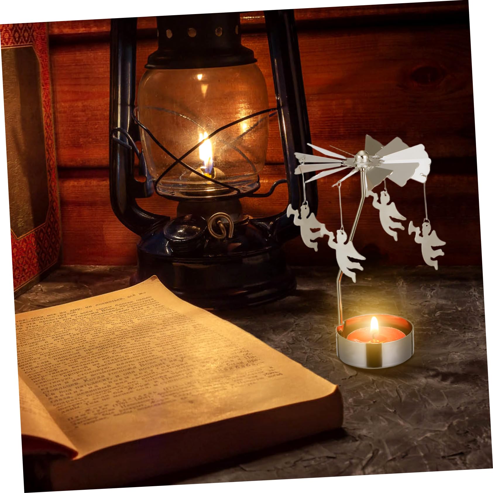 Cabilock Candelabro Giratorio De Hierro Forjado Metálico, Decoración Navideña Motivos Ángel, Copo De Nieve y Árbol, Adecuado para Mesa y Hogar, Sin Velas, Diseño Clásico Europeo
