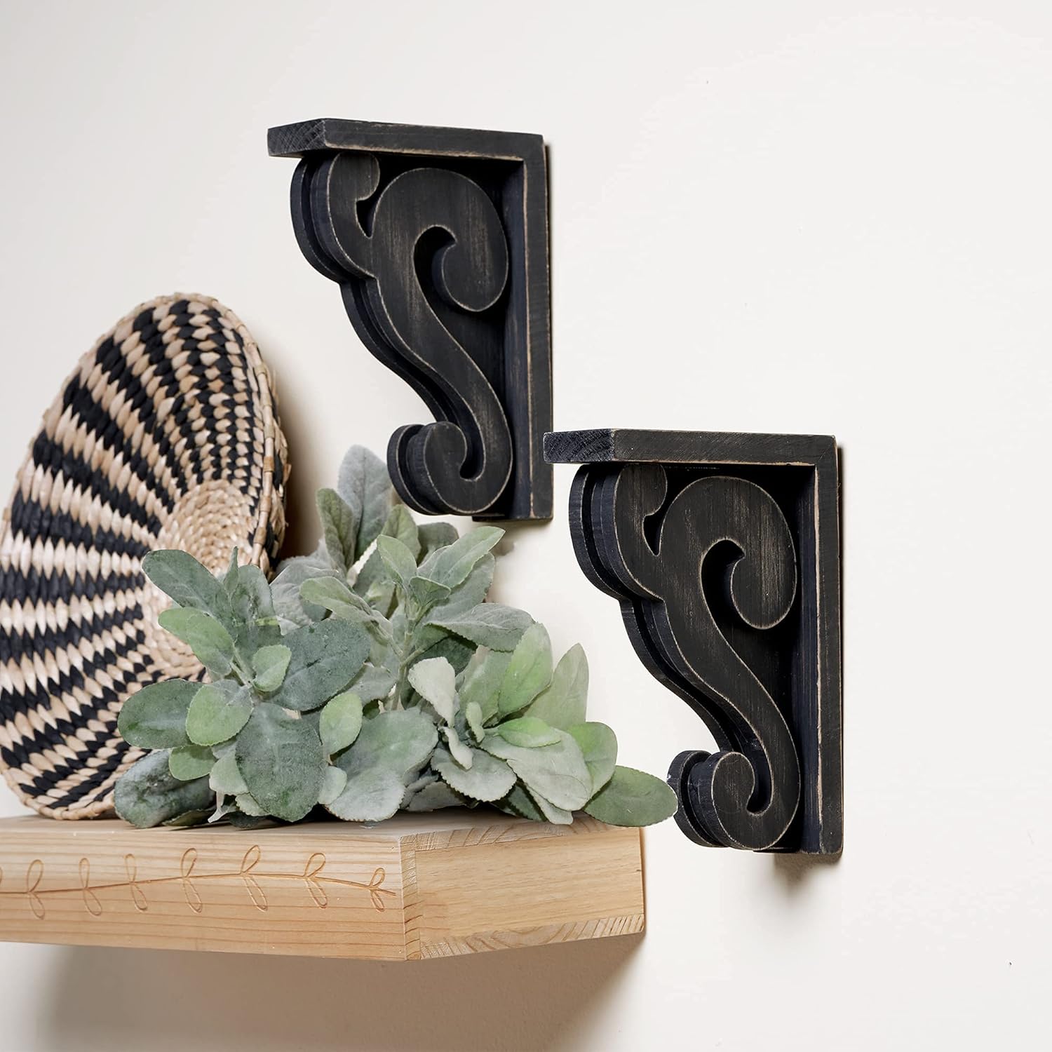 GENMOUS Rustic Distressed Vintage Scroll Corbel Bookends,Farmhouse Black Wood Decorative Bookends,Rustic Corbels Shelf Brackets,Shabby Chic Vintage Book Ends,Home Decoration and Gift,Set of 2.