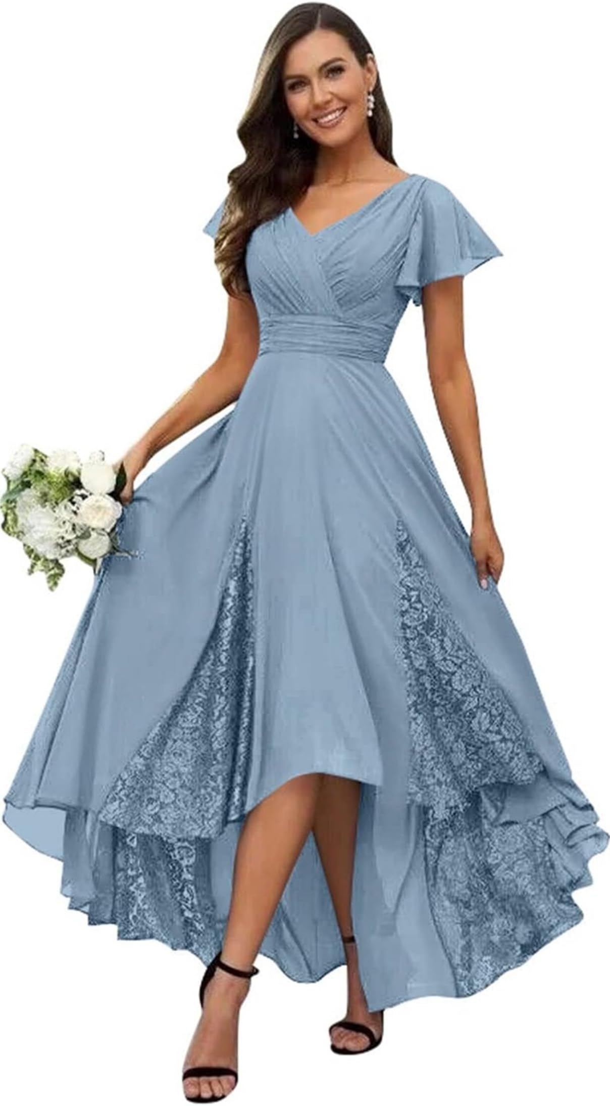 Tee Länge Brautmutterkleid V-Ausschnitt Spitze Abendkleid Chiffon A-Linie Festliche Kleider für Hochzeitsgast