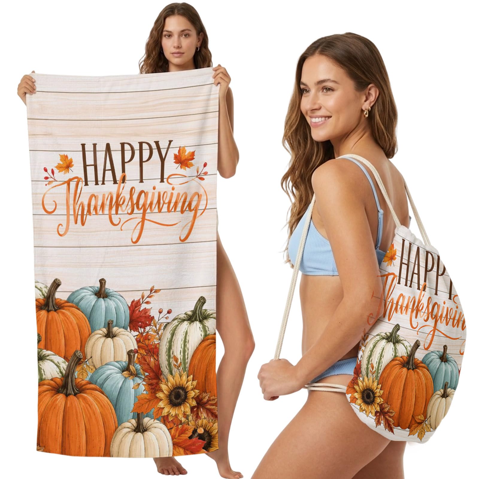 FWJZDSP 2-in-1 Beach Towel Backpack,Happy Thanksgiving Words Bath Towel with Built-in Storage Fall Pumpkins Maple Leaves Convertible Foldable Beach Blanket for Travel Pool Gym Camping Swim,31x63in