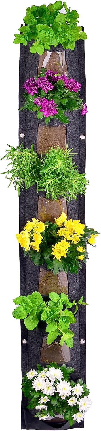 6 Pocket Vertical Grow Bag, Hanging Wall Garden Planter, Indoor Outdoor, Waterproof Reusable Breathable