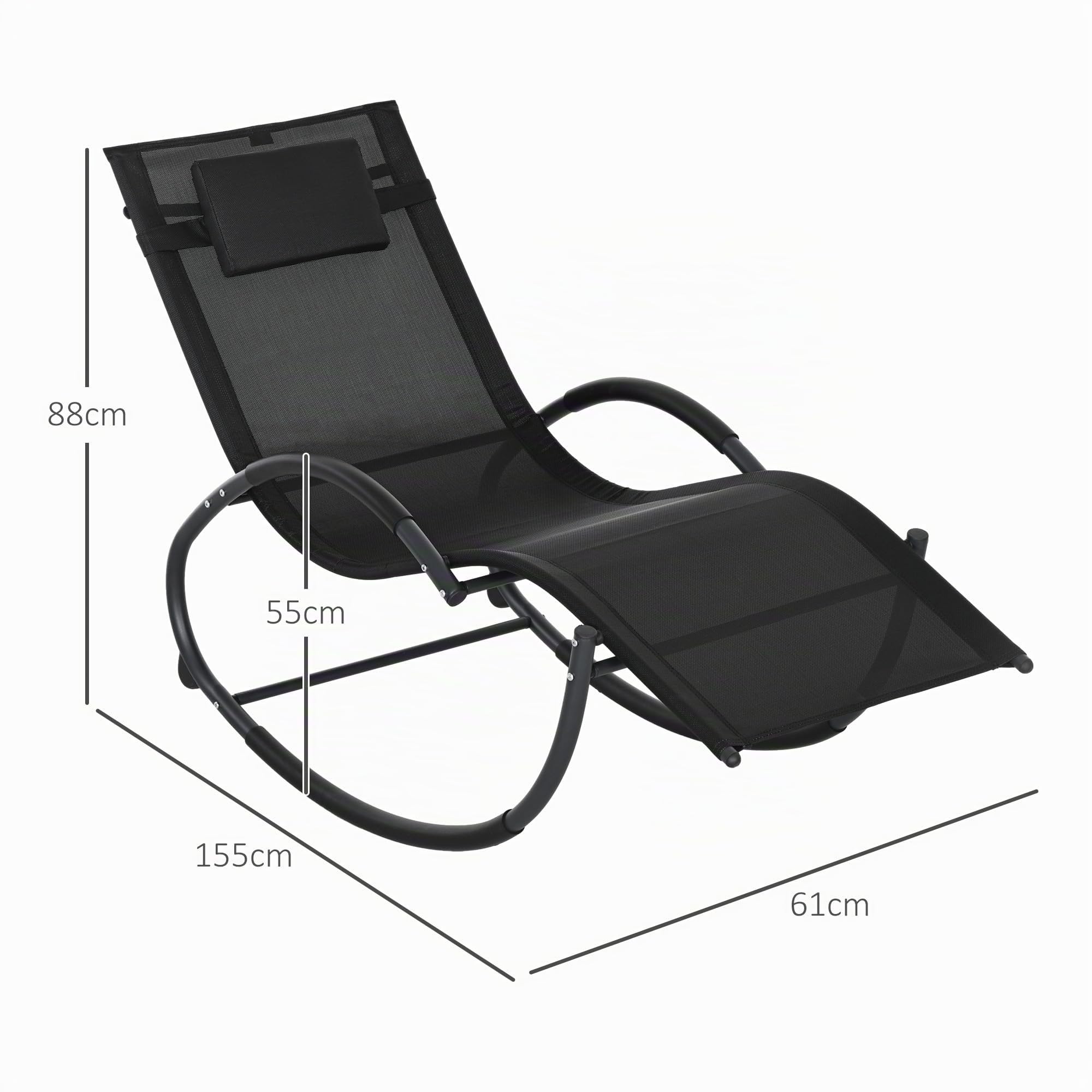 Outsunny Mecedora de Exterior Tumbona Mecedora con Reposacabezas Reposabrazos y Marco Metálico Carga 120 kg para Interior y Exterior 155x61x88 cm Negro