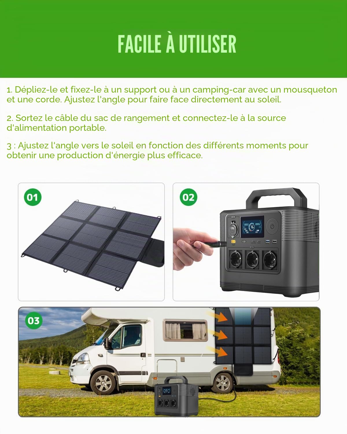 Panneau solaire pliable 200 W, câble de 3 m, efficacité de conversion de 22 %, étanche IP67, chargeur solaire portable pour camping, extérieur