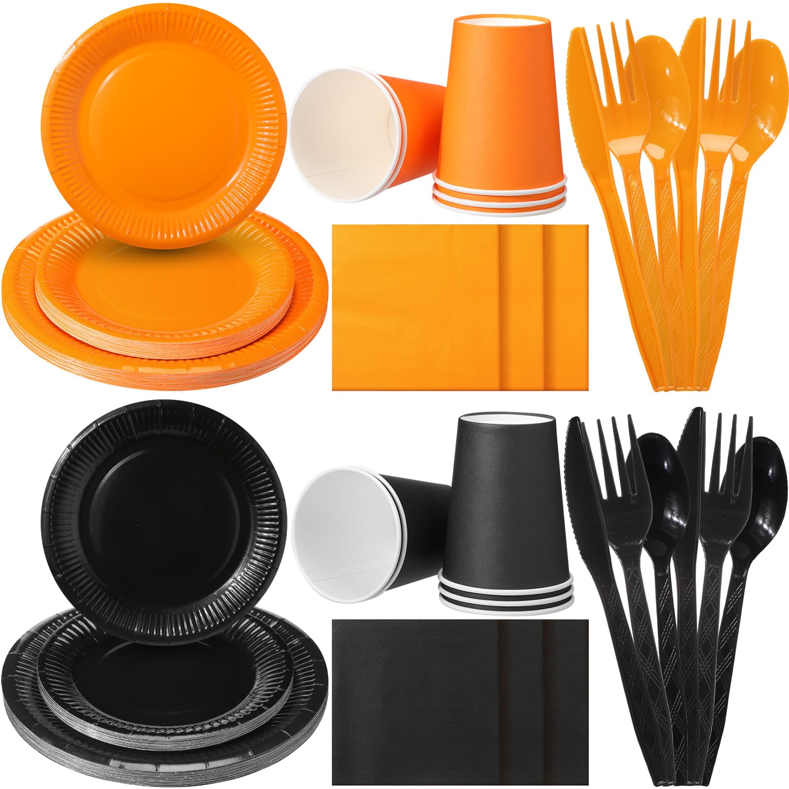 Dandat 240 Pieces Orange and Black Halloween Complete Tableware Pack 9 7 Dinner Dessert Paper Plates 9oz Cups Napkins Plastic Forks Knives Spoons for Halloween Birthday Party Supplies, Serves 40
