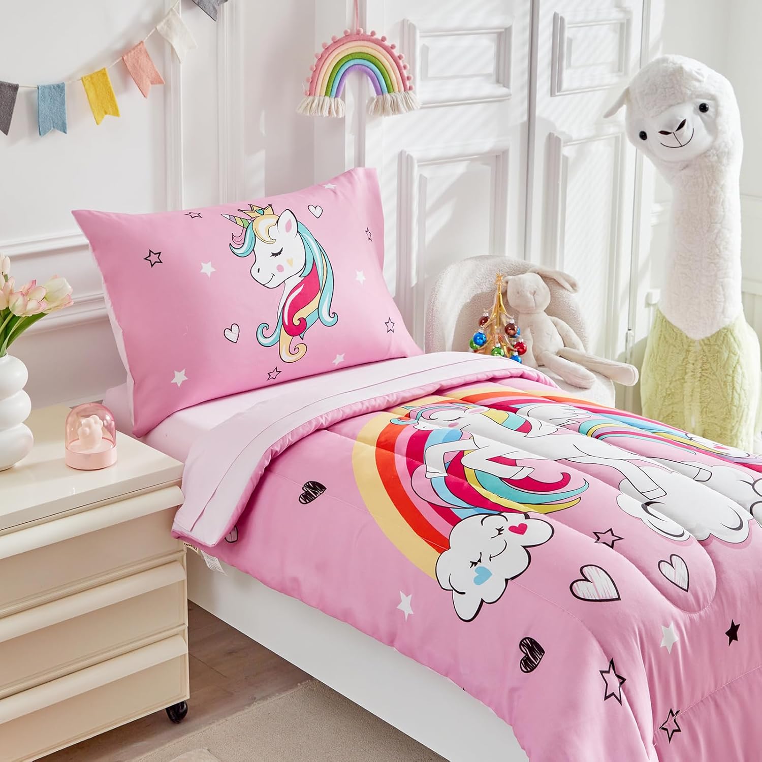 4 Pieces Toddler Bedding Set for Girls - Pink Unicorn Cartoon Stars Rainbow Print Cute Princess Bed in a Bag - Comforter Set, Fitted Sheet, Flat Sheet, Pillowcase