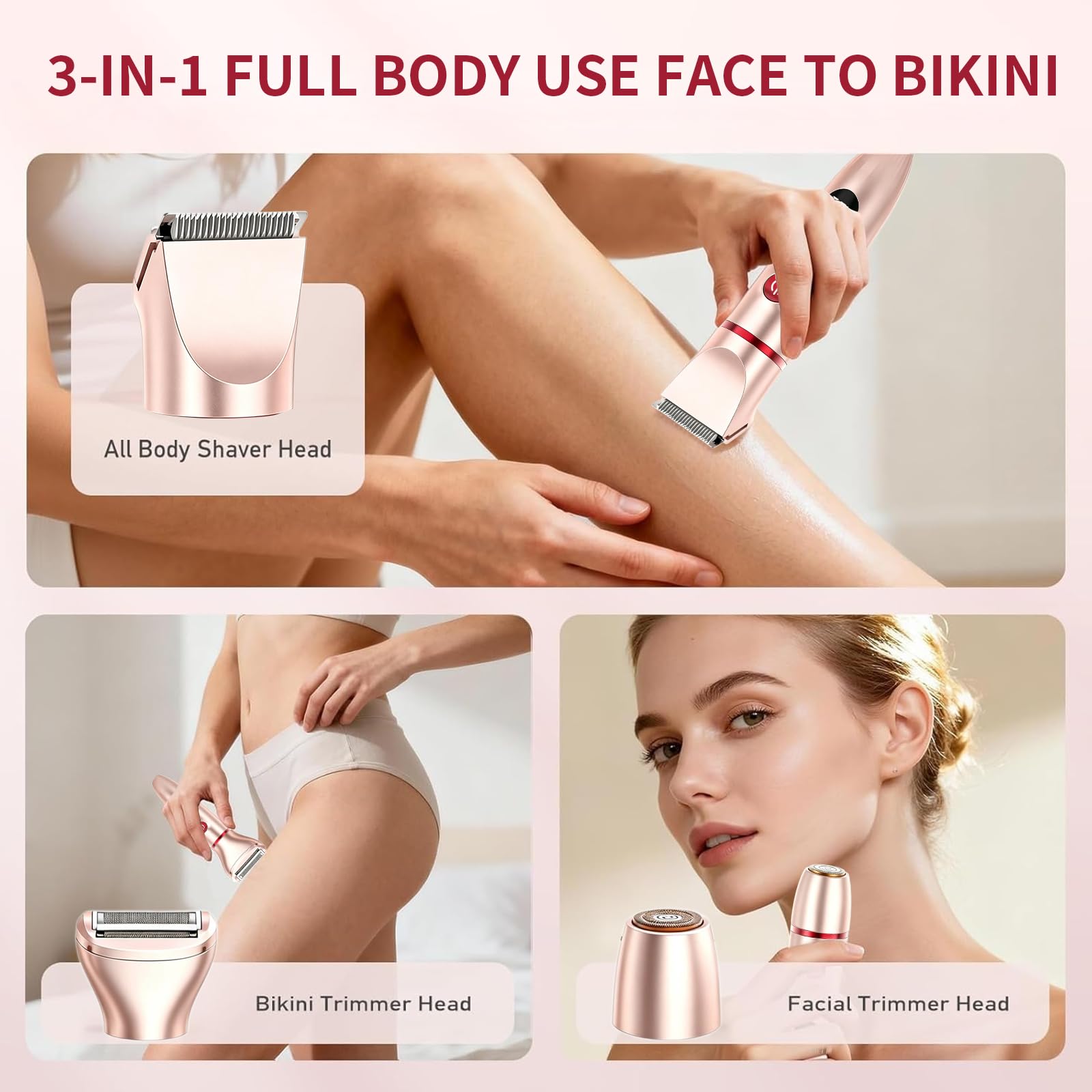 Rasoir Electrique 3 en 1 Femme, Tondeuse Femme Intime, Étanche IPX7 Douche Humide/Sec, Écran LED & USB-Recharge, Épilateur Électrique pour Visage, Maillot, Aisselles, Jambes, précis (Rose)