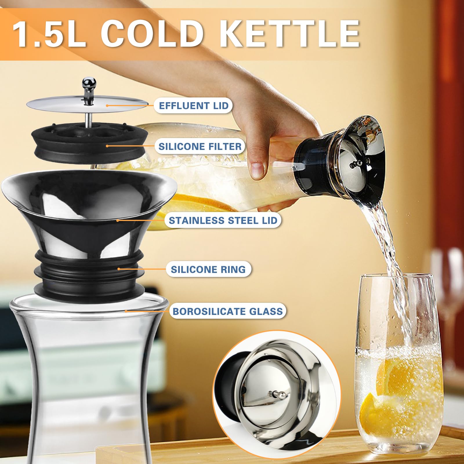ZHHGOO Carafe En Verre 1,5 L Avec Couvercle Inox & Filtre – Pichet à Eau, Thé Glacé, Jus – Résistante Choc Thermique