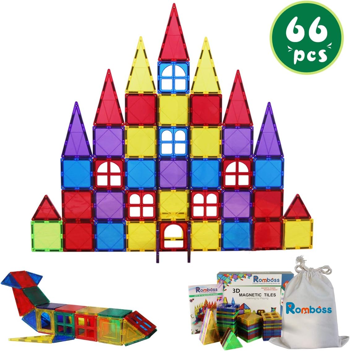 Romboss 68Pcs Magnetic Tiles Set Includes 2 Toy People-Stem 3D Magnets Building Blocks Preschool Educational Construction Toys For Toddler&Kids
