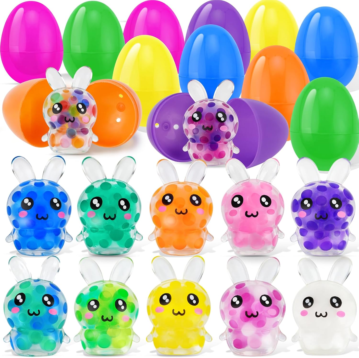 Prefilled Easter Eggs with Toys, 12 Pcs Pre Filled Easter Eggs with Bunny Squishy, Easter Egg Fillers Basket Stuffers for Teens Adults, Gifts Party Favors