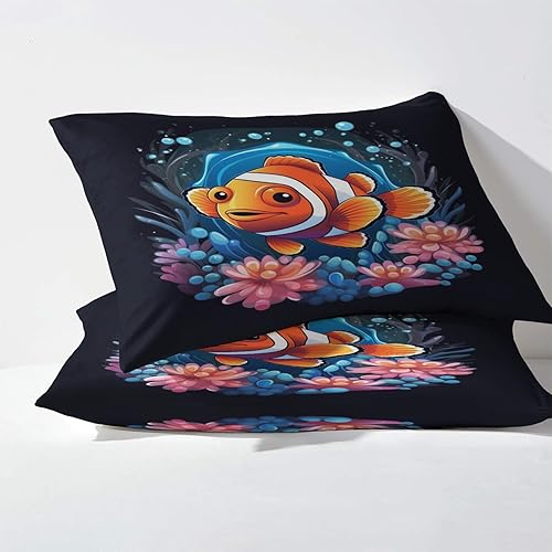 Miniatura 3 de Sábanas de pescado tamaño Queen, sábanas de flores florales, sábanas y fundas de almohada estampadas de 4 piezas, sábana bajera ajustable de
