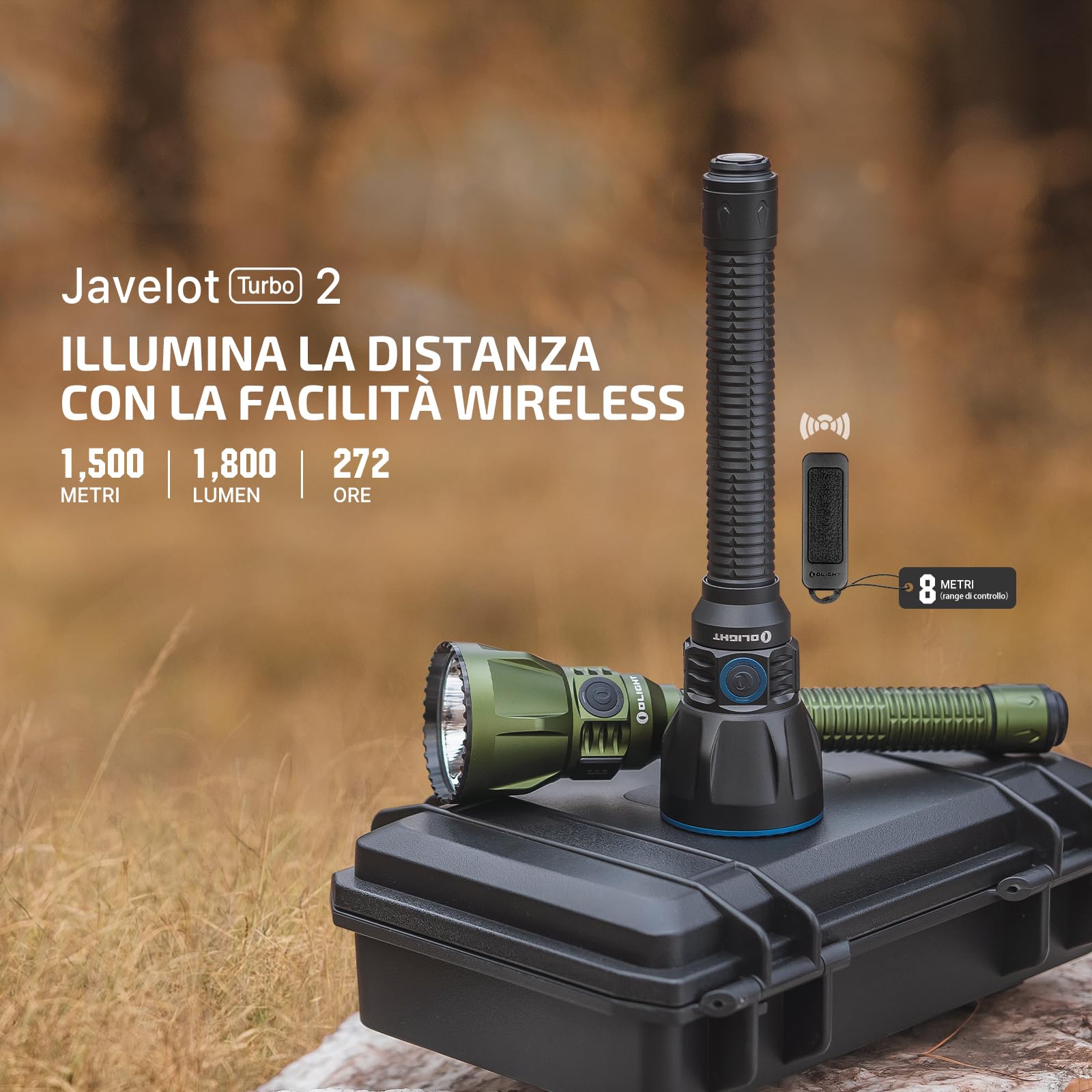 OLIGHT Javelot Turbo 2 Kit Torcia Potente 1800 Lumen con Telecomando | Portata 1500 Metri, Autonomia 272 Ore, Filtro Luce Rossa e Verde, IPX8, Ideale per Caccia, Attività all'aria Aperta, Ricerca