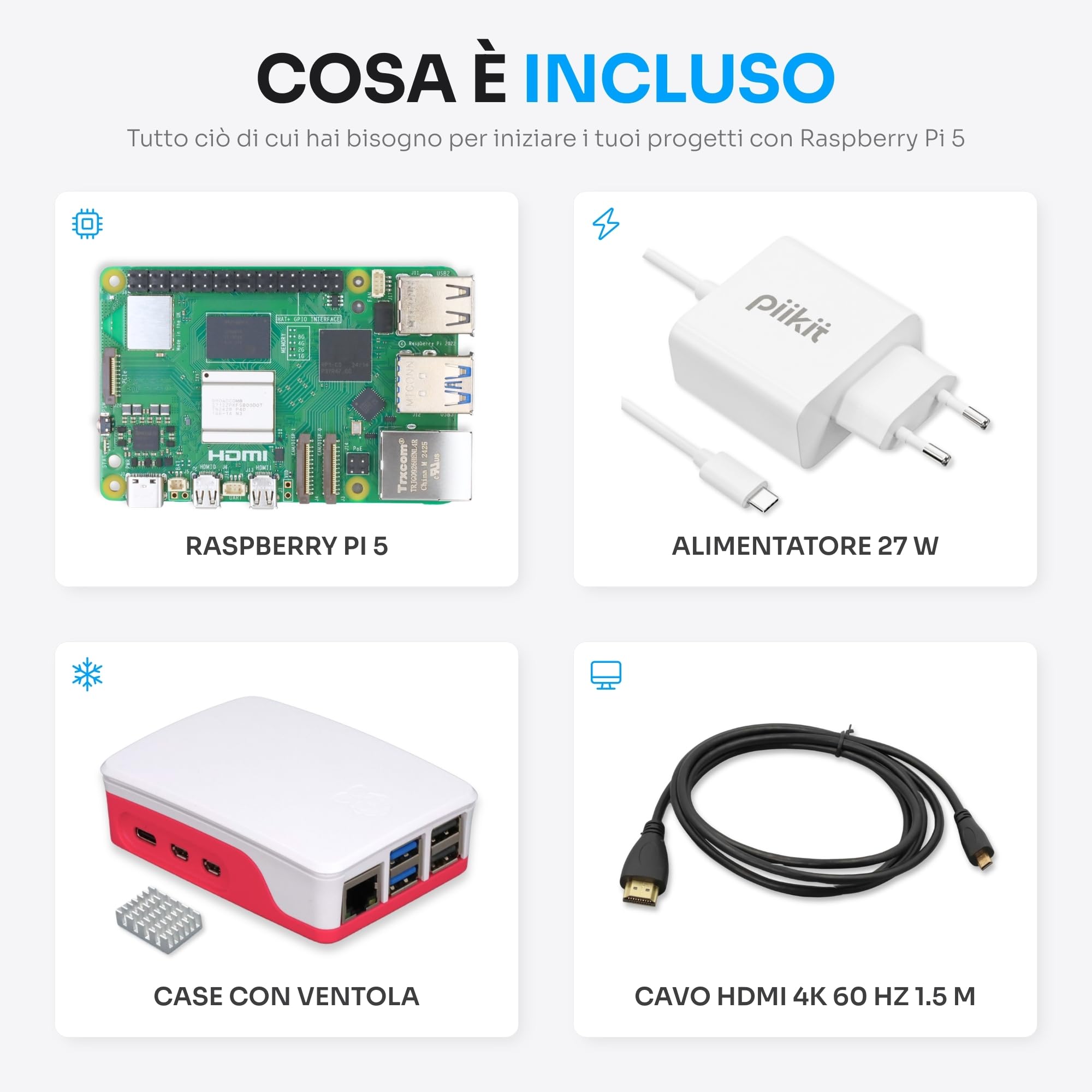 Starter Kit per Raspberry Pi 5 4 GB - Essential Edition | Alimentatore 27 W | Case con Ventola Integrata e Dissipatore di Calore | Cavo Micro-HDMI 4K 60 Hz