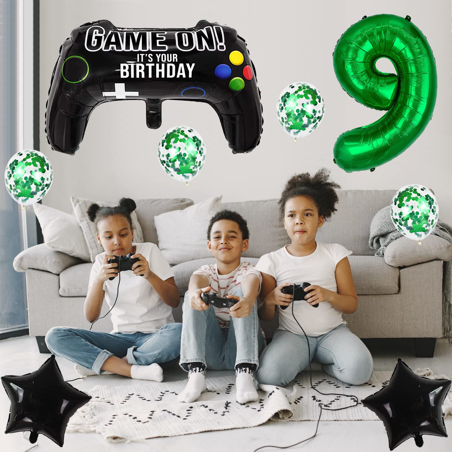 Decorazioni per 9° compleanno per ragazzi, decorazioni per feste a tema di gioco per fan dei giocatori, banner di buon compleanno palloncini per controller di gioco palloncini neri blu per feste per