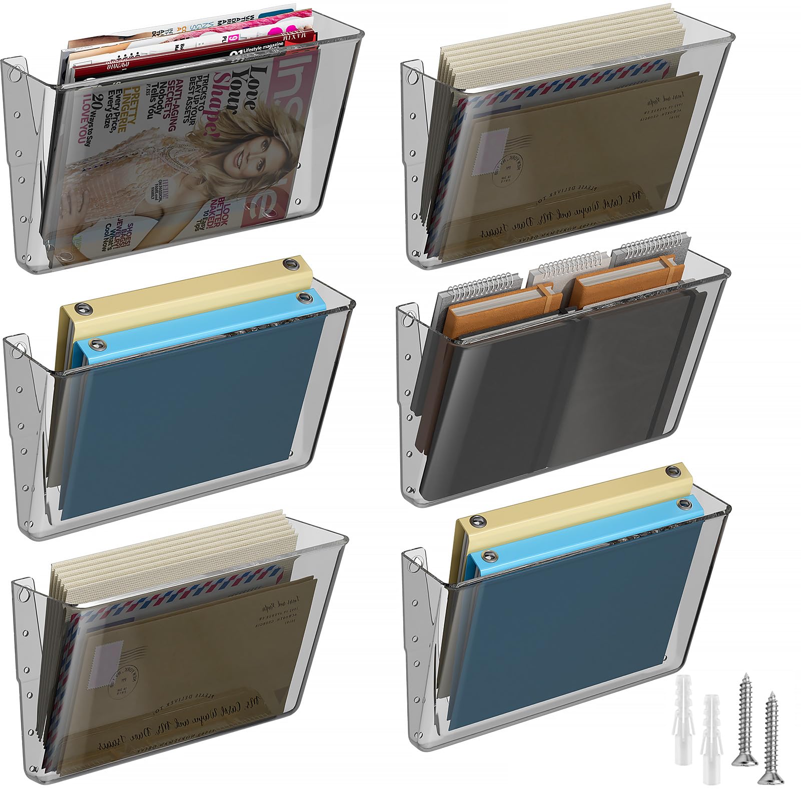 MaxGear Acrylic Wall File Organizer 6 Pockets Hanging File Holder Clear Wall Mounted Mail Organizer Holders for School, Office and Home, Smoke Color, 13x4x7 inches