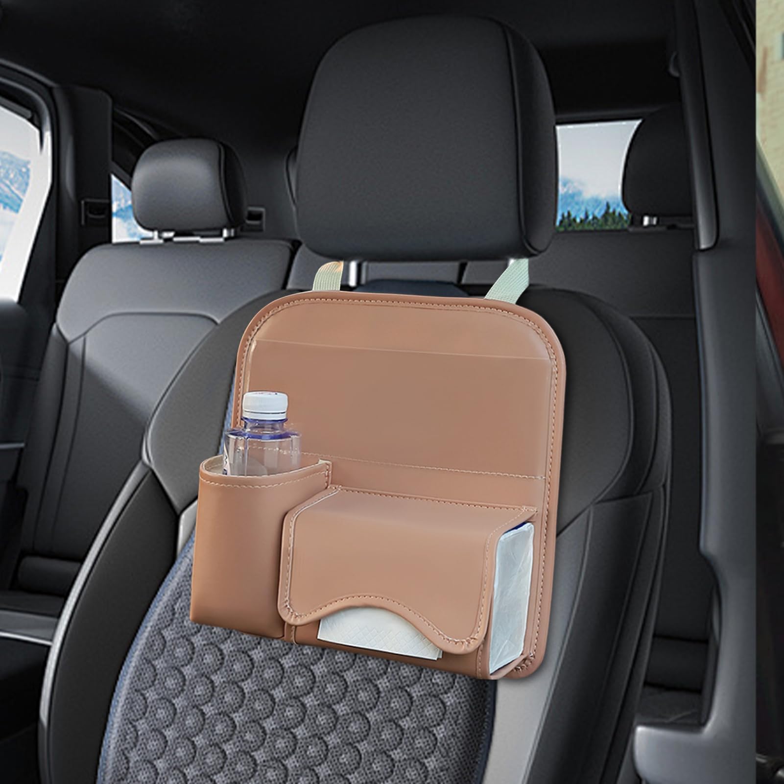 Organizer per sedile posteriore, borsa in pelle con porta fazzoletti, organizer e portaoggetti per sedile posteriore, per SUV, camper, berlina, furgoni, interni di veicoli, viaggi su strada, viaggi