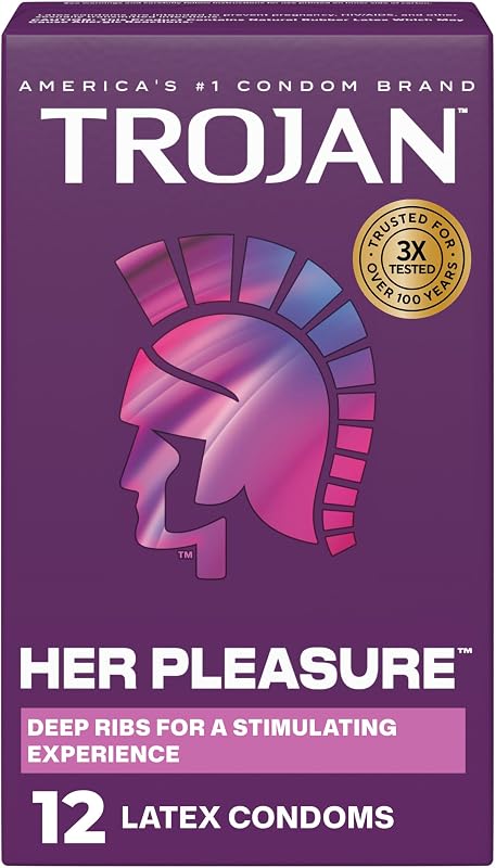 Trojan Her Pleasure Latex Lubricated Condoms, 12 Count | Ribbed for Stimulating Experience, Bulbous Shape for Roomier Fit, Helps Reduce Risk of Pregnancy, Helps Reduce Risk of STIs