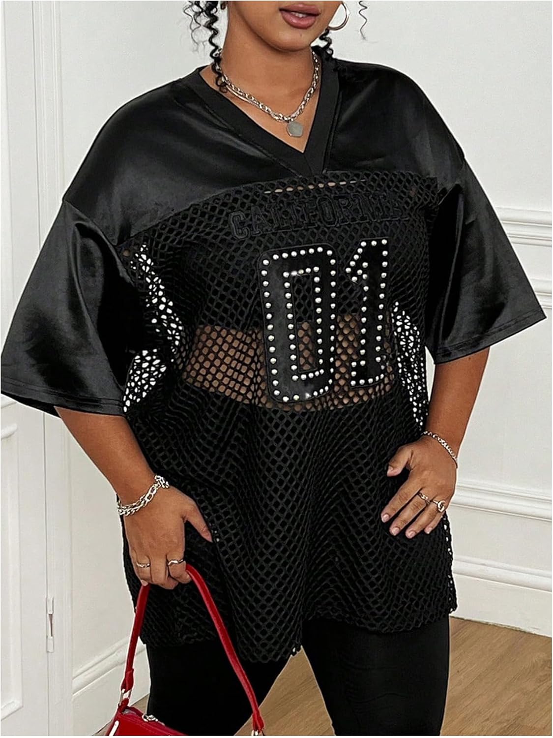 SOLY HUX Women's Plus Size Jersey Shirts Lace Sheer V Neck Half Sleeve Number Graphic Tees Casual T Shirt - Image 2