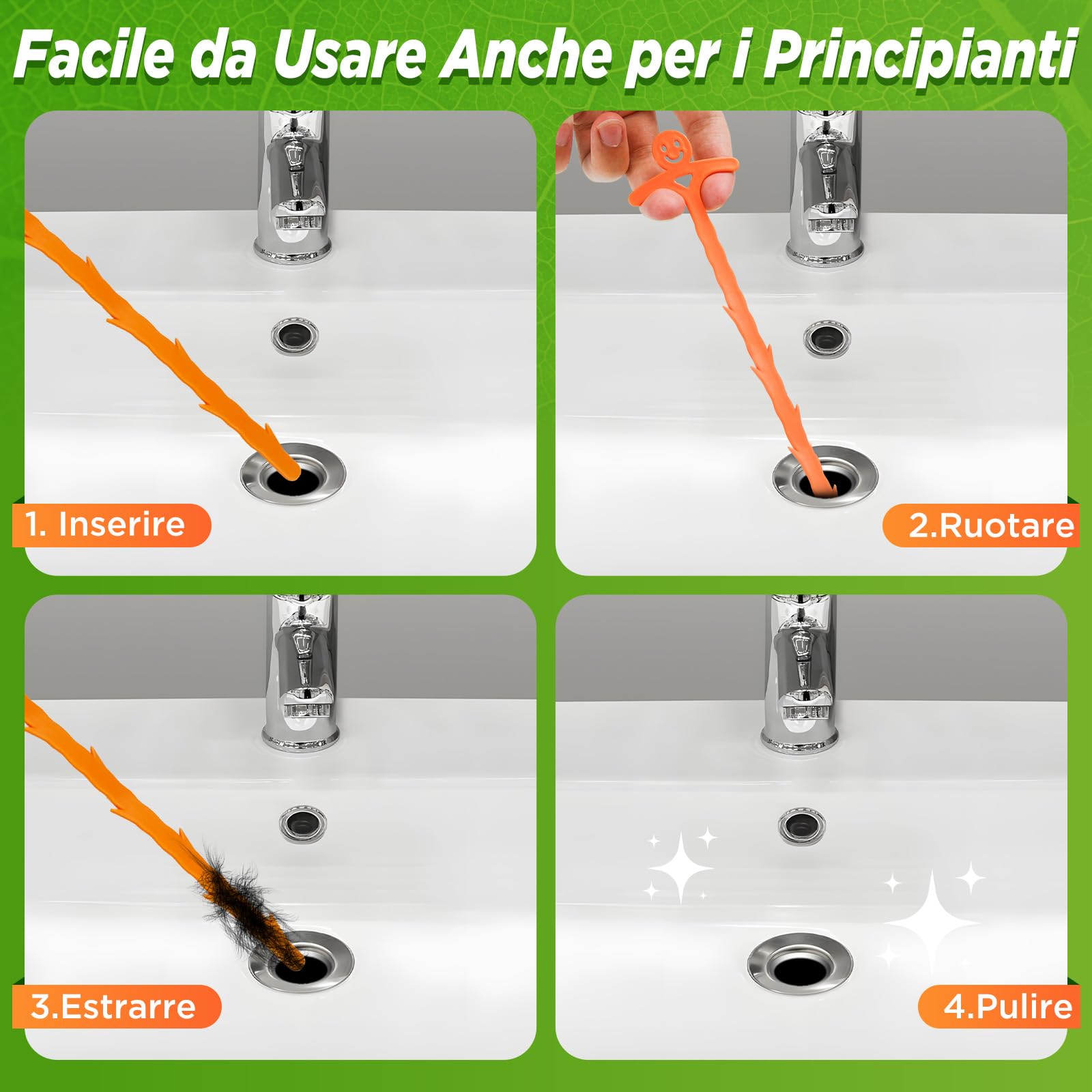 Forlivese 5 Pack 20 Pollici Spirale di pulizia dello scarico, bastoncini teneri di pulizia dello scarico, spirale riutilizzabile di pulizia del tubo