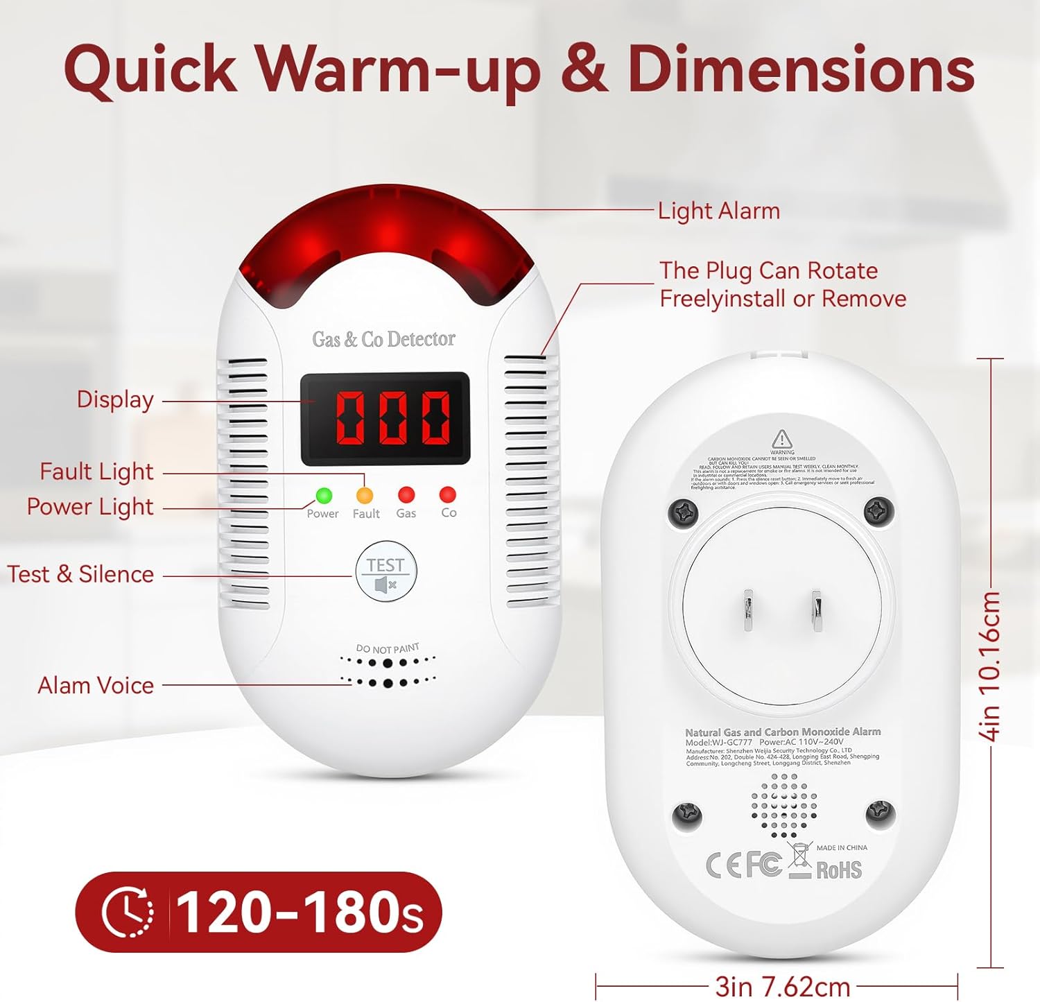2PCS Combination Gas & Carbon Monoxide Detectors Plug-in, AC 110~240V Digital Display Natural Gas Leak Alarm,Methane Propane CO Detector for Home, Kitchen, Garage, Apartment, and Travel Use