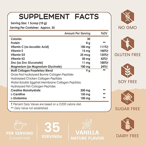 Miniatura 2 de NATURE TARGET Péptidos de colágeno múltiple para mujeres, polvo de colágeno hidrolizado con vitamina C y E, tipo I, II, III, V y X, soporte para la